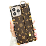 Compatible With Iphone 16 Pro Max Case Luxury Designer For Women Girls,Rectangle Leather With Wristband Strap Kickstand Holder Protective Cover For 16 Pro Max - 6.9 Inch(Brown)