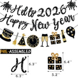Black Glitter Happy New Year 2026 Banner Pre-Strung for NYE Party