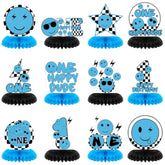 12 Pcs One Happy Dude Honeycomb Centerpiece Blue One Happy Dude 1St Birthday Party Decoration Birthday Centerpiece Table Decorations Smile Face Table Topper For Baby Shower Party
