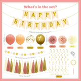 Birthday Decorations For Women Girls Kit - Boho Pink Happy Birthday Banner With Tissue Flower Pom, 12 Inch Balloons,Tassel Garland,Hanging Swirls Streamers For Boho Neutral Retro Themed Party Decor