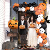Halloween Balloon Garland Kit 80 Pcs - 5/10/12/18 Inch Orange And Black White Balloon Arch With 1 Pumpkin Foil Balloon, Pvc Bats & Spider Web For Halloween Party Decorations