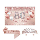80th Birthday Rose Gold Set: Banner, Tiara, Sash & Party Decor