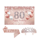 80th Birthday Rose Gold Set: Banner, Tiara, Sash & Party Decor