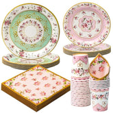 96 Pcs Party Plates, Floral Pink And Green Vintage Paper Plates And Cups And Napkins Sets Party Supplies For Birthday Bridal Shower Tea Time, Serve For 24 Guests, Pink And Green