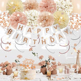 Rose Gold Birthday Party Decorations Kits With Happy Banner,Cake Topper,Hanging Swirls,Tissue Paper Pompoms,Paper Tassels Garland,Confetti Balloons For Women Girls Birthday Party