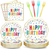 96Pcs Polka Dot Plates Tableware Set Supplies Happy Birthday Cake Dessert Scalloped Paper Plates Napkins Tableware Set Polka Dot Theme Colorful Birthday Plate Dinnerware Decoration For 24 Guests