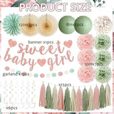 Sage Green And Blush Pink Baby Shower Decorations - Sweet Baby Girl Banner, Olive Green Lanterns, Streamers, Tissue Pom Poms, Paper Fans, Pink Beige Boho Paper Tassel, Rustic Backdrop Decor