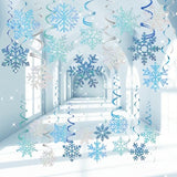 Winter Snowflake Hanging Decorations 30 Pcs Blue and Silver Christmas Ceiling Streamers Hanging Decorations Glittery Snowflakes Swirls for Wonderland Frozen Party and Christmas Decor