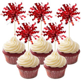 30Pcs Foil Firework Cupcake Toppers Sparkle Tinsel Cake Toppers Tinsel Drink Cake Decoration Cocktail Picks For Birthday Wedding Graduation Party Supplies Red