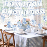 11 Pcs Blue Flower Chinoiserie Happy Birthday Banner & Hanging Swirls