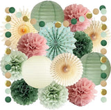 Sage Green & Dusty Pink Party Decor Set, Tissue Pom Poms Paper Lanterns Paper Fans with Garland, Decor Supplies for Birthday Wedding Bridal Shower Baby Shower (blun)