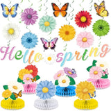 Spring Party Decorations Hello Spring Banner Sunflowers Butterfly Hanging Swirl Decor Daisy Honeycomb Centerpiece Table Toppers Spring Summer Floral Party Decor For Birthday Wedding 31Pcs