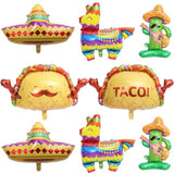 8Pcs Mexican Fiesta Balloons, Taco, Llama, Cactus, Sombrero Mylar for Party Decor