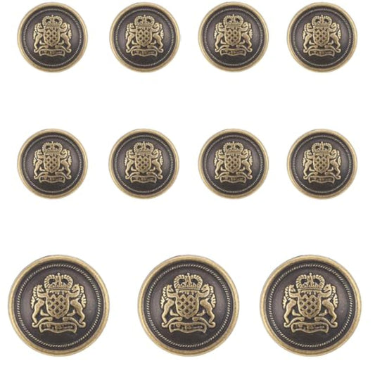11 Piece Antiqued Bronze Metal Blazer Button Set - Crown Lion- For Bla