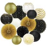14-Pack Black Gold Party Decorations Lanterns Fans Pom Poms for Birthday Graduation