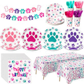 171 Pcs Dog Birthday Party Decorations Supplies Dog Paw Plates Banner Tablecloths Napkins Cups Knives Forks Spoons Doggy Puppy Party Decoration Serve 24 Guests(Cute Color)