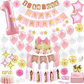 1St Birthday Girl Decorations With Birthday Crown- Baby First Birthday Decorations Girl - Pink And Gold Party Supplies - One Balloon, Heart And Confetti Balloons, Happy Birthday Banner One Cake Topper
