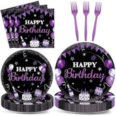200Pcs Purple & Black Paper Plates, Napkins, Happy Birthday Party Tableware Set - Purple Dinnerware For Women, Girl, Men, Baby Shower Decoration - Serves 50