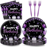 200Pcs Purple & Black Paper Plates, Napkins, Happy Birthday Party Tableware Set - Purple Dinnerware For Women, Girl, Men, Baby Shower Decoration - Serves 50