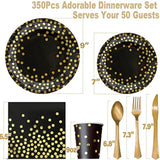 350Pcs Black And Gold Paper Plates Party Supplies For 50 Guests Party Decorations Disposable Dinnerware Golden Dot Paper Plates Napkins Cups Gold Plastic Forks Knives Spoons For Birthday Wedding