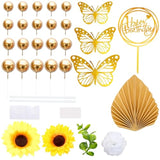 54Pcs Artificial Sunflower Cake Decorations Acrylic Happy Birthday Cake Topper Butterfly Balloon Cake Toppers For Diy Wedding Birthday Valentine'S Day Party Supplies Yellow