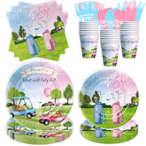 Golf Gender Reveal Decorations Tableware, Blue Or Pink Golf Gender Reveal Party Supplies, He Or She Paper Plate, Cup, Napkin, Cutlery, Serve 24