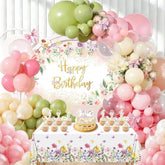 124Pcs Spring Wildflower Party Decor Set - Floral Happy Birthday Backdrop, Banner, Balloons, Tablecloth, Cake Toppers | For Women Girls Birthday, Baby Shower, Tea Party