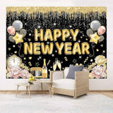 Happy New Year 2026 Banner Backdrop 7x5ft Black & Gold Party Decor
