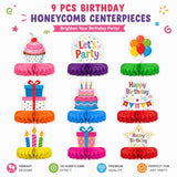 9-Piece Happy Birthday Honeycomb Decorations Set, Paper Centerpieces for Women Party Decorations, Decor Supplies with Happy Birthday Sign