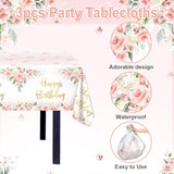 3 Pcs Rose Gold Pink Floral Happy Birthday Tablecloths 108x54 Inch