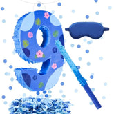 16 Inch Blue Pinata Set With Hawaii Pattern Number 8 Piñata, Blindfold, Stick And Confetti For Boys Girls 8Th Birthday Party Decorations (8-Hawaii Pattern Piñata)