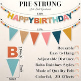 2 Pack Boho Felt Happy Birthday Pennant Banner 12Ft Pre-Strung Rainbow Felt Ball Garland Triangle Flags Reusable 3D Happy Birthday Sign Decorations For Women Boys Girls Party Decor Photo Prop