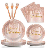 96 Pieces Happy Birthday Tableware Set For Pink Rose Gold Table Decorations Supplies Dessert Plates Napkins Forks Women 24 Guests Disposable Party Favors