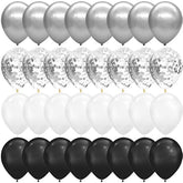 100pcs Metallic Balloons – 12" Black, White, Silver & Confetti Décor