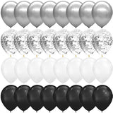100pcs Metallic Balloons – 12" Black, White, Silver & Confetti Décor