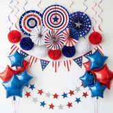 4Th Of July Decorations Sef Of Red White Blue Hanging Paper Fans Hanging Swirls Usa Flag Pennant And Pom Poms Red Blue Star Mylar Balloons For Patriotic Independence Day Decorations