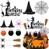 13pcs Witch Cake Toppers Black Hat Broom Spider Web Halloween Birthday Decor