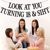 Happy 18th Birthday Banner, “Officially 18” Black Glitter Hanging Party Backdrop