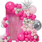 Hot Pink Balloon Garland Arch Kit,Pink Silver Chrome Balloons With Silver Disco Ball Explosion Star Balloon For Girls Women Birthday Party Valentine'S Day Bridal Shower Wedding Mother'S Day