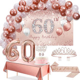 60Th Birthday Decorations Balloon Set Women'S Arch, Rose Gold 60Th Birthday Banner And Party Tablecloth, Belt And Tiara, Pink Gold 60Th Balloon, Pink Birthday Cake Top, Latex Balloon * 60
