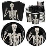 Halloween Tableware Set Smiling Skeleton Disposable Plates Napkins Cups Cutlery for 25 Guests