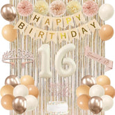 Champagne Gold Beige Sweet 16Th Birthday Decorations For Girls, Banner, 16Th Sash And Crown, Cake Topper, 16 Number Balloon, Paper Pom Poms, Fringe Curtains, Boho Birthday Party Supplies