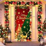 Red Green Christmas Door Cover Merry Christmas Door Decorations Banner Glitter Christmas Tree Elk Snowflake Porch Sign Backdrop Background For Christmas New Year Winter Holiday Party Decor Supplies
