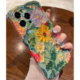 For Iphone 14 Pro Max Case, Colorful Retro Oil Painting Printed Flower Laser Glossy Pattern Cute Curly Wave Edge Exquisite Phone Cover Stylish Durable Tpu Protective Case (Purple Yellow White)