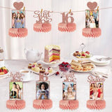 8Pcs Happy 16Th Birthday Decorations Honeycomb Centerpieces For Girls, Pink Rose Gold Glitter Sweet 16 Birthday Photo Table Centerpieces Party Supplies, Pink Sixteen Bday Photo Table Topper
