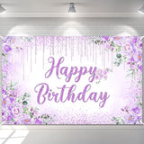 Happy Birthday Backdrop Banner for Girls Women Happy Birthday Party Decorations Floral Glitters Bday Banner Party Supplies (Purple, 6x3.6ft)
