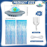Alien Birthday Party Decorations Door Curtain With Foil Fringe Tinsel Spacecraft Flying Saucer Spaceship Hanging Banner For Alien Halloween Party(Golden Blue)