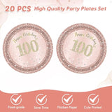 100Th Birthday Decorations, Rose Gold Birthday Party Supplies Include 20Pcs Plates 20Pcs Napkins Sweet One Hundred Year Old Birth Party Tableware For Girl Ladies Women