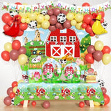 Farm Birthday Decorations, 212 Pcs - Farm Animal Birthday Party Supplies With Red Barn Backdrop, Balloon Garland, Tableware Set, Plates, Napkins, Cups, Cutlery, Serves 20 Guests