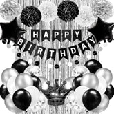 Black & Silver Birthday Decorations – Banner, Balloons, Foil Curtains for All Ages